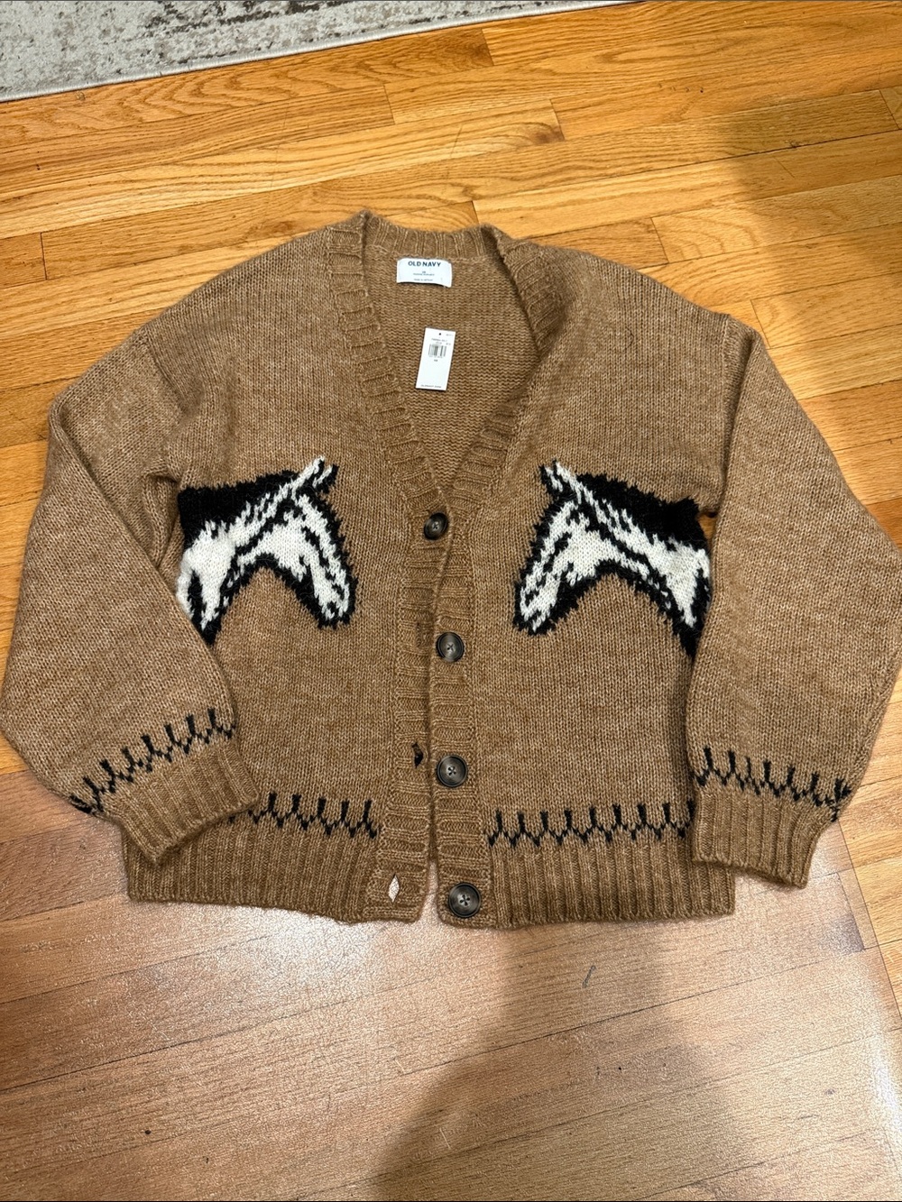Old Navy Brown Cardigan with Black and Cream Horse Motif